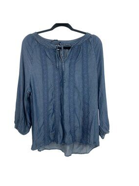 Marissa Olivia Blouse Women's Petite Large Blue Chambray Crochet Lace Tie Boho